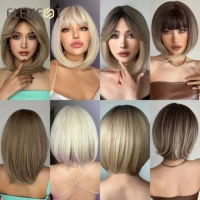 element all kinds of short straight bob synthetic wigs for women blonde brown wig with bangs daily party heat resistant hair
