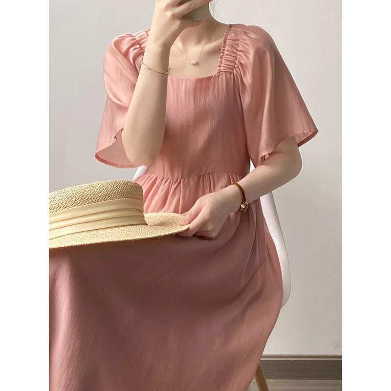 

French Tea Break Square Collar Women's Dress Summer A- line Pleated Waist Tight Mid-Length Skirt