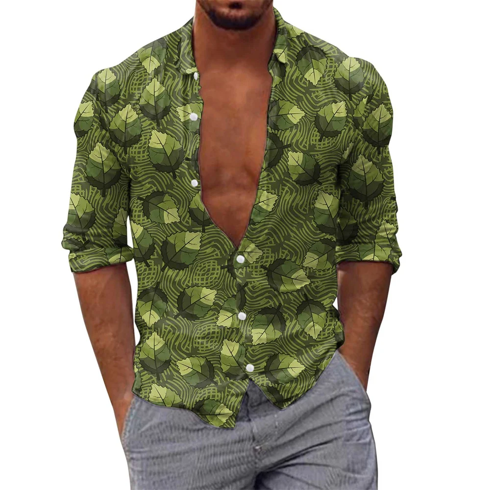 

Fashion Leaves Print Cool 3d Digital Printing Men's Shirts 2022 Autumn New Casual Long Sleeve Turndown Collar Tops for Men