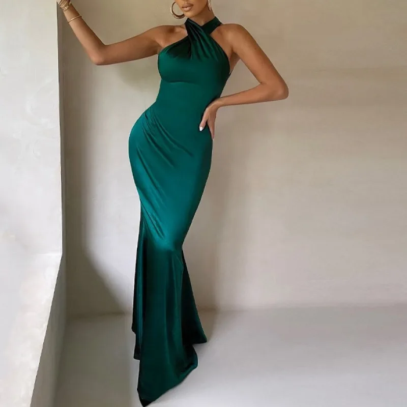 

Women dresses Elegant Halter Party Evening Green Long Dress Autumn Winter Bodycon Stain Clothes female Robe Wholesale Items