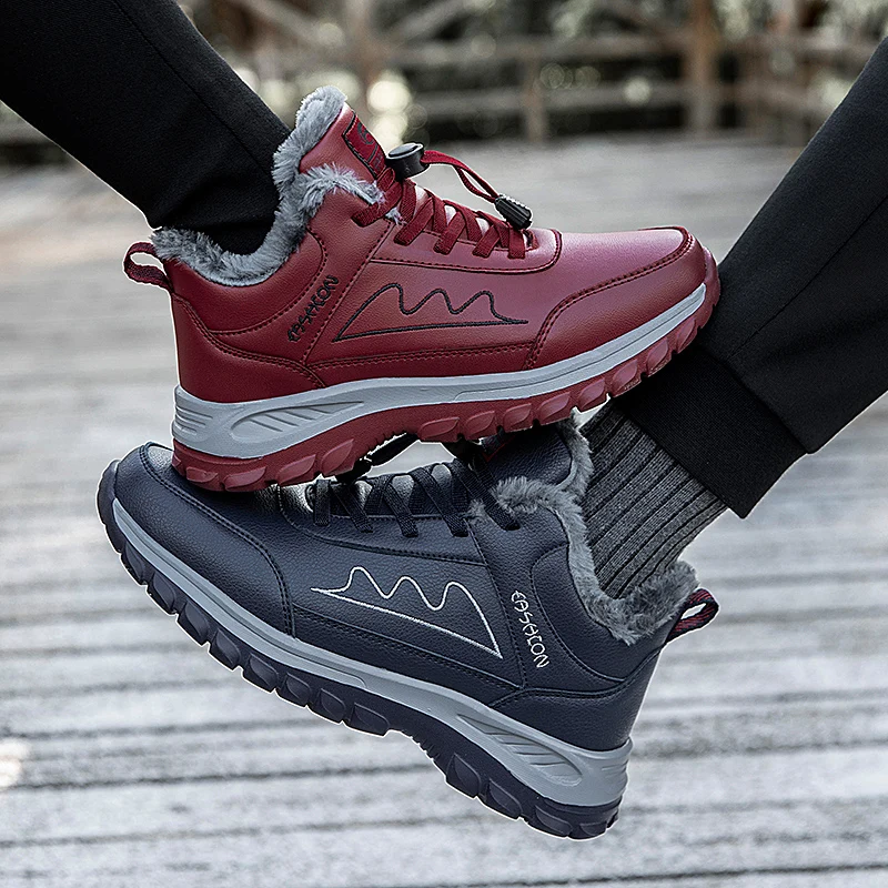 Winter Couple Plus Velvet Warm Black PU Leather Casual Shoes Women Outdoor Walking Shoes Men Waterproof Non-slip Fur Sneakers