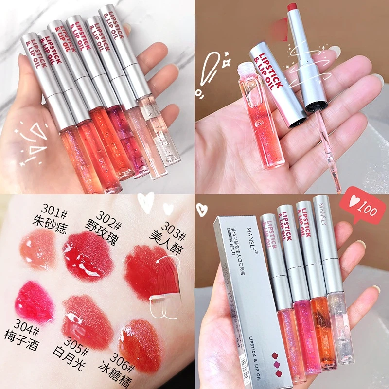 

2 IN 1 Mirror Lipstick Makeup Moisturizing Texture Lip Oil Set Waterproof Long Lasting Rich Color Silky Lip Glaze Lip Tint Gloss