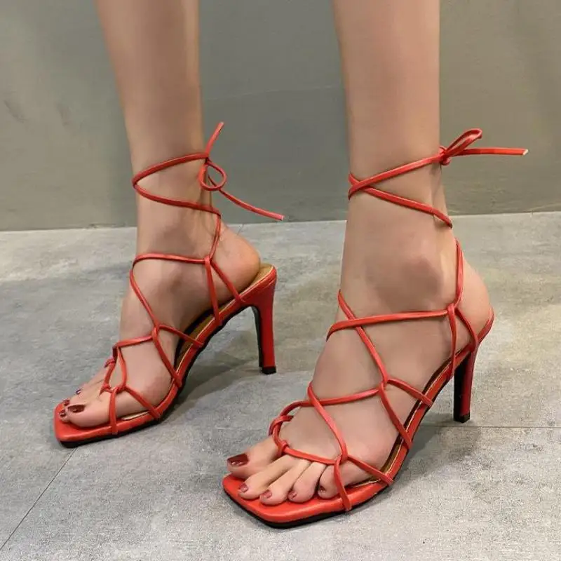 2022 Summer Women's Ankle Strap Sandals Ladies Thin High Heels Party Dress Shoes Feminine Square Toe Cross Strap Sandals TGHDOF