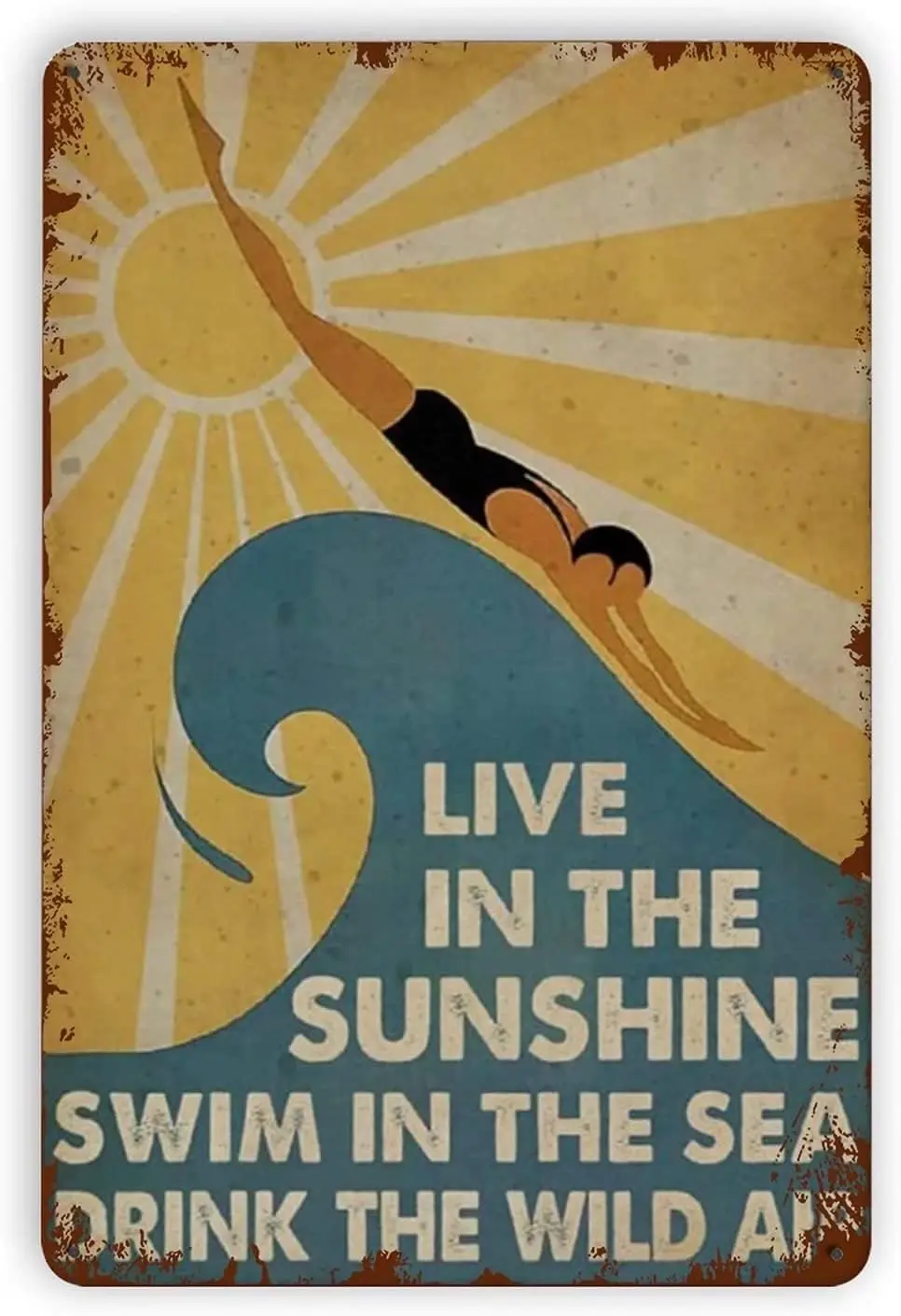 

Плавание пляж металлический жестяной знак, живите на солнце плавать в море Пейте дикий воздух, Ретро Декор стен для дома ванной