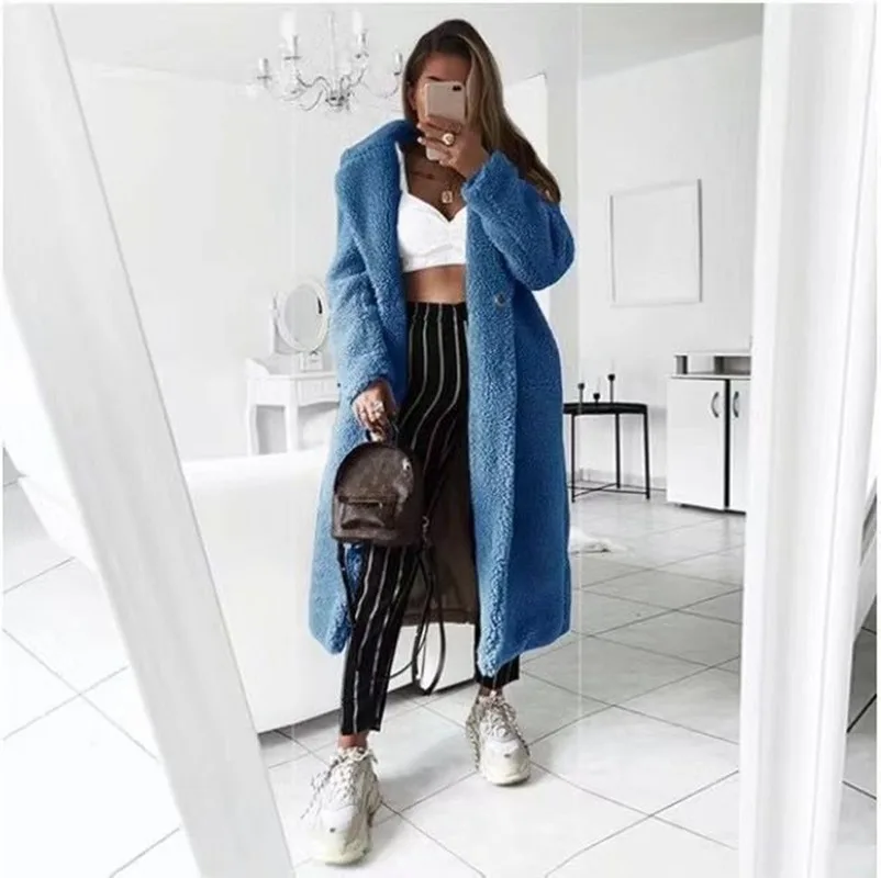 Winter Women Wool Long Coat Jacket Office Lady Warm Fur Coat Wool Blend Cardigan Sexy Top Soild Color Coat Plus Size 2021