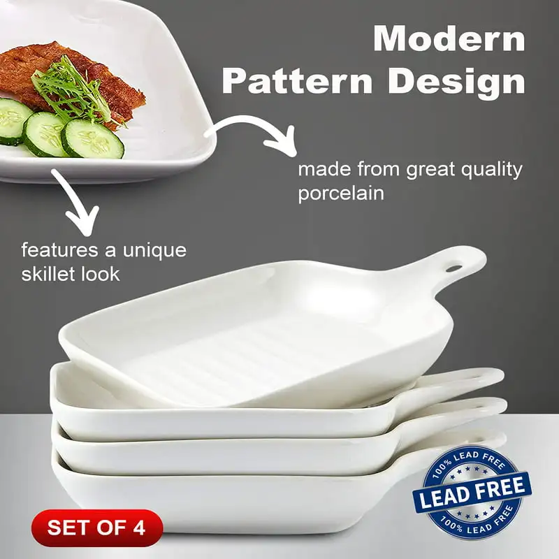 

Unique 4 Pack 6.5" White Matte Glaze Ceramic Dinner Plates With Skillet Look Handle Baking Dish Food Serving Plates.