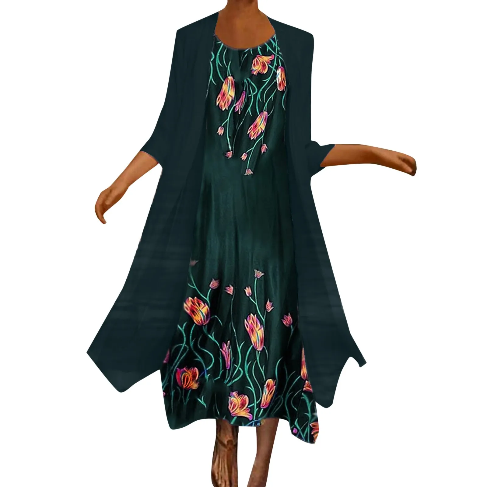 

Женское Модное Элегантное шифоновое платье для отдыха с цветочным рисунком, кардиган, костюм из двух частей, Женские Длинные повседневные платья