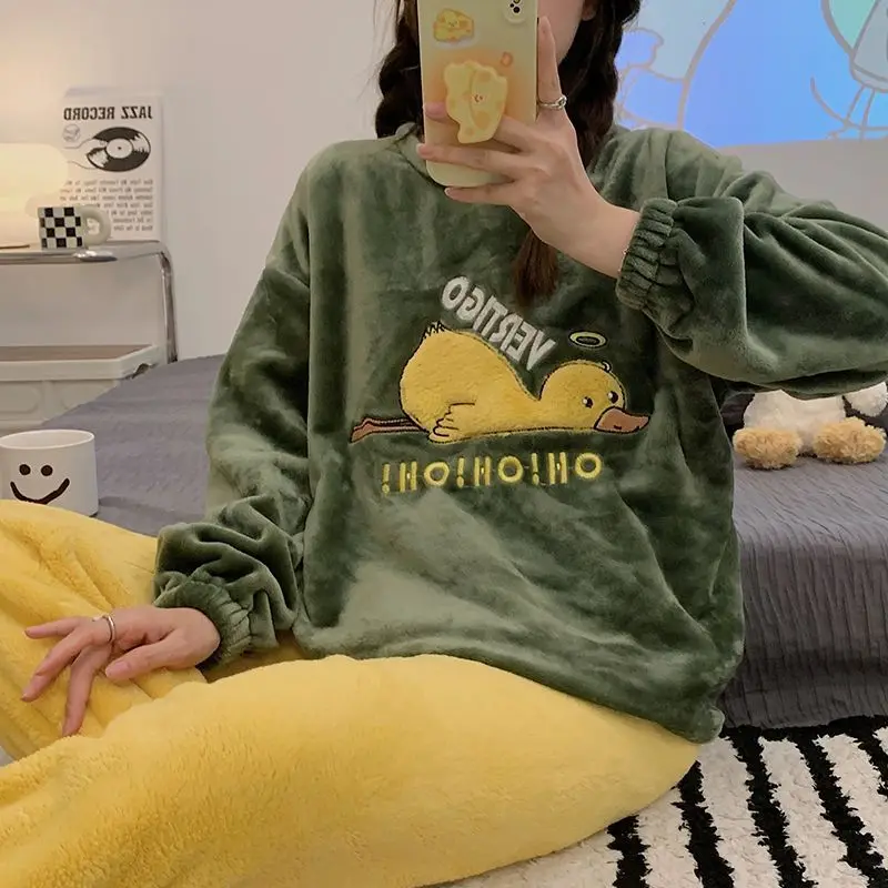 Flannel Women's Pajamas Set Autumn Winter New Warm Long-sleeved Trousers Suits Two-piece Cute Soft Home Wear Clothes Kawaii