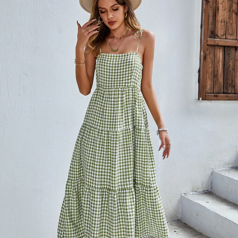 

Платье женское с открытой спиной, пикантный Повседневный вечерний пляжный сарафан с оборками, винтажный клетчатый халат в стиле бохо, на ле...