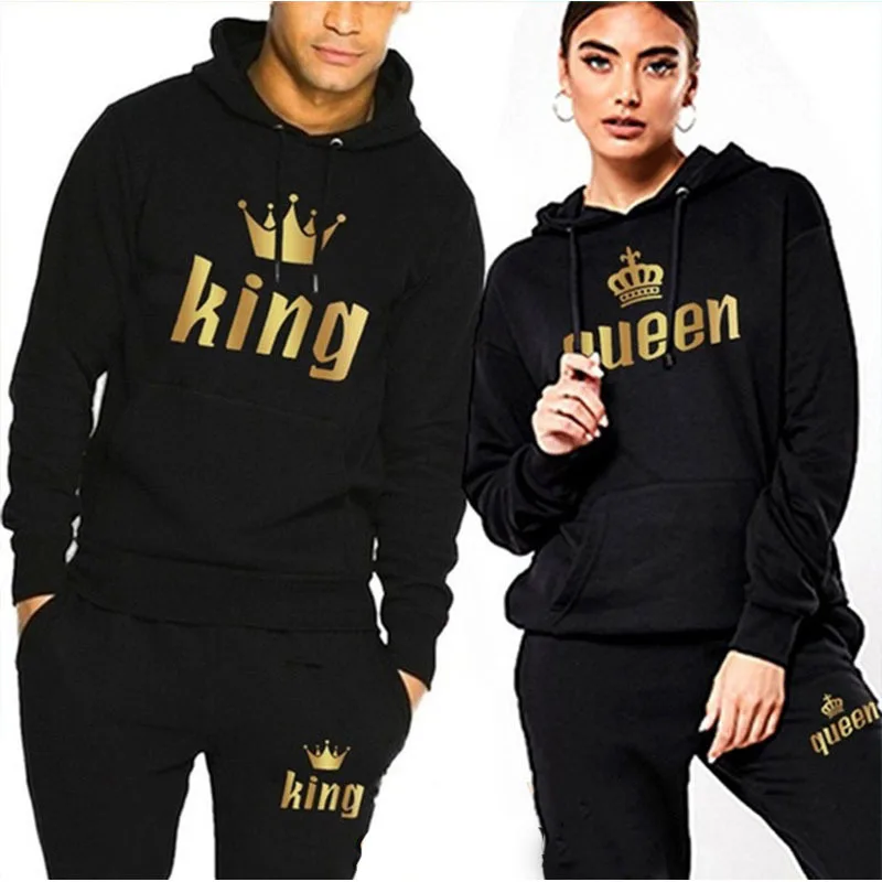 

2023 Fashion Couple Sportwear Set KING or QUEEN Printed Lover Hooded Suits Hoodie and Pants 2pcs Set Streetwear Men Women Cloths