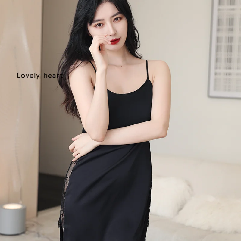 Sexy Fantasy Silk Suspenders Nightdress Slit Lure Fun Nightgown Woman Ice Silk Round Neck Pajamas Dress Summer  Lace Sleepwear