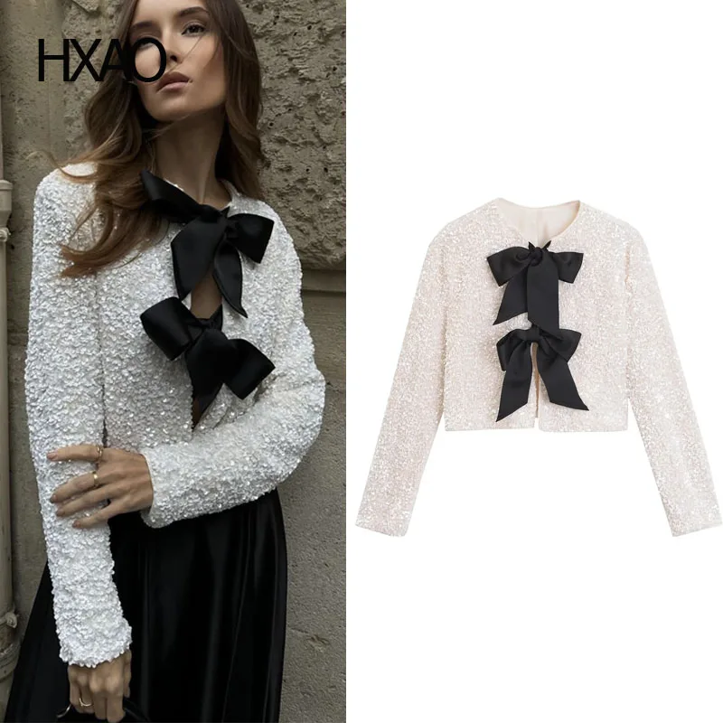 

HXAO Sequined Cropped Jackets for Women Fashion Lace Up Coat Spring Autumn Long Sleeve O Neck Sequin Coat Elegant Female Jacket