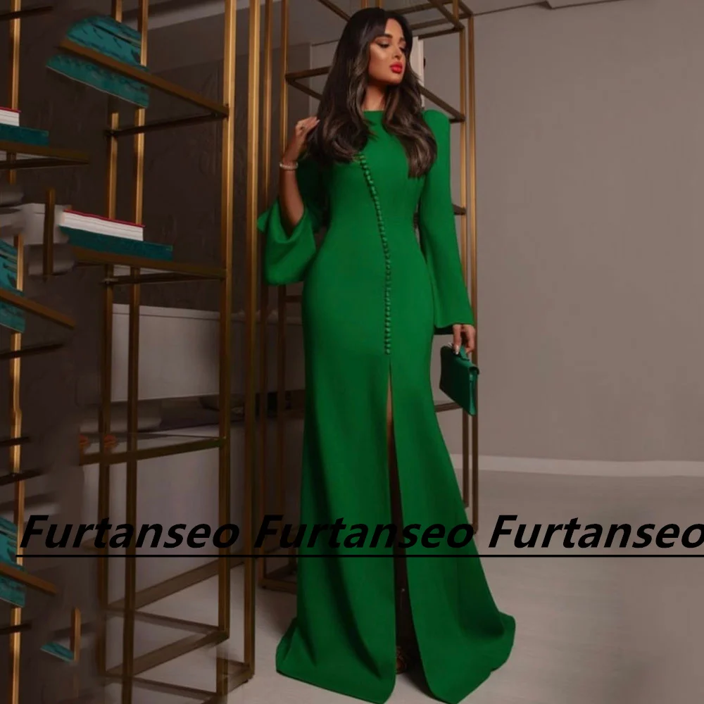 

Женское драпированное платье со шлейфом, зеленое платье с длинным рукавом, высоким разрезом и пуговицами, украшенное драпировкой, в стиле Саудовской Аравии, для торжества