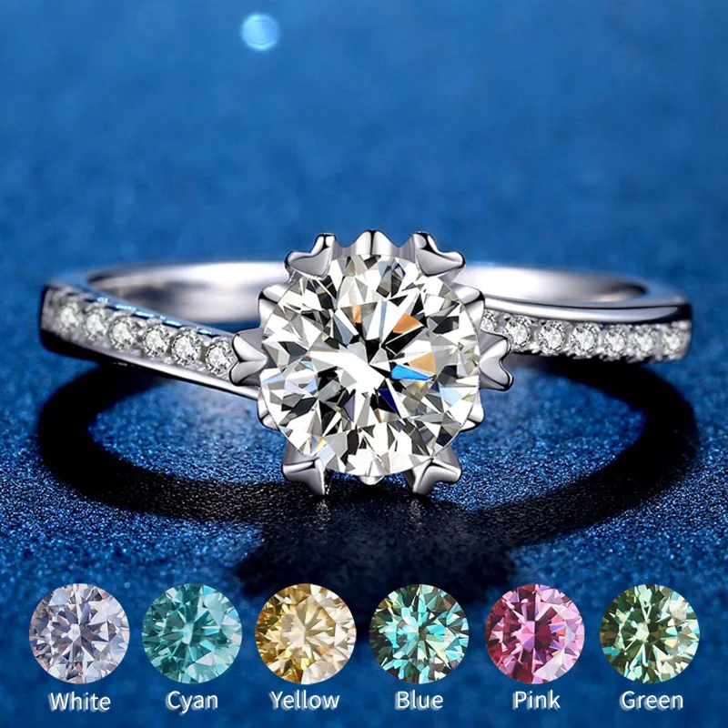 

Оптовая продажа 0,5-2CT кольцо с муассанитом S925 ювелирные изделия из стерлингового серебра с голубым, розовым, желтым, зеленым драгоценным кам...