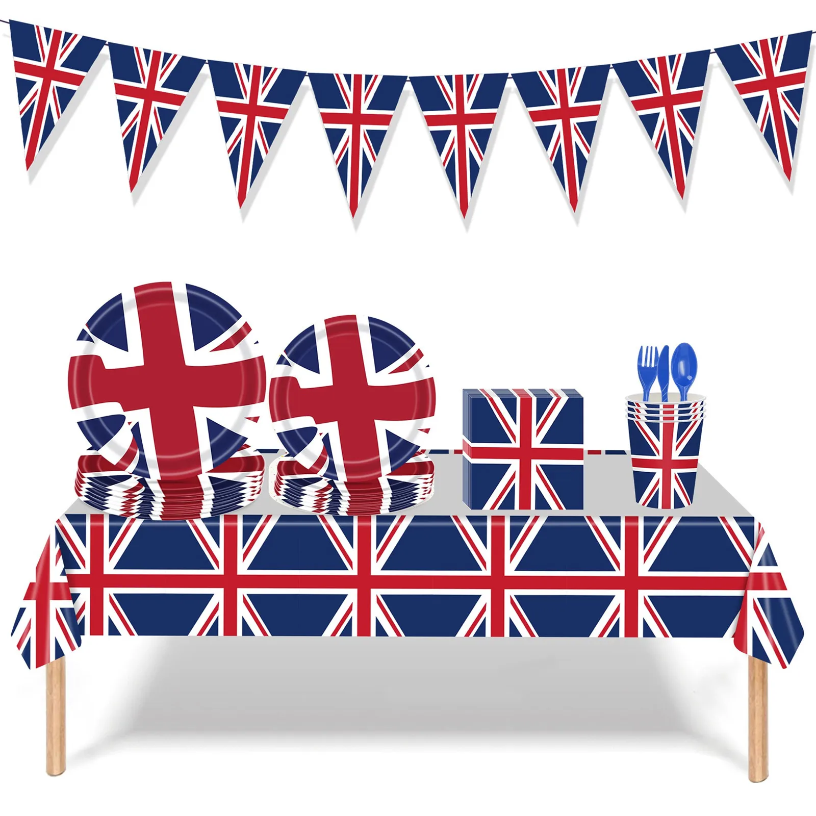 

114 Pcs Union Jack Tableware and Tablecloth Set, British Flag Napkins, Paper Cups, Paper Plates, Bunting Flags and Table Cloth