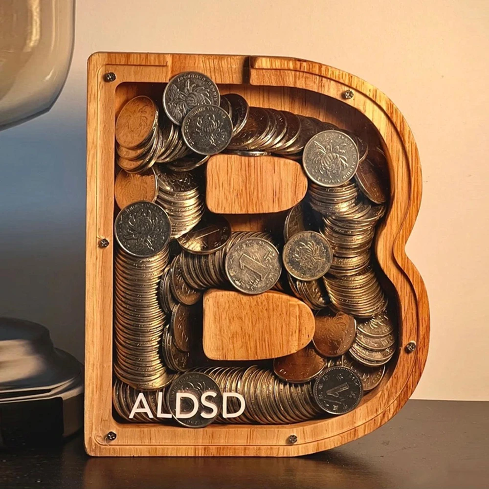 

Twenty-six Letter Wooden Piggy Bank Money Box Coin Safe Storage Desktop Ornaments Craft Decor For Adults Children Birthday Gifts