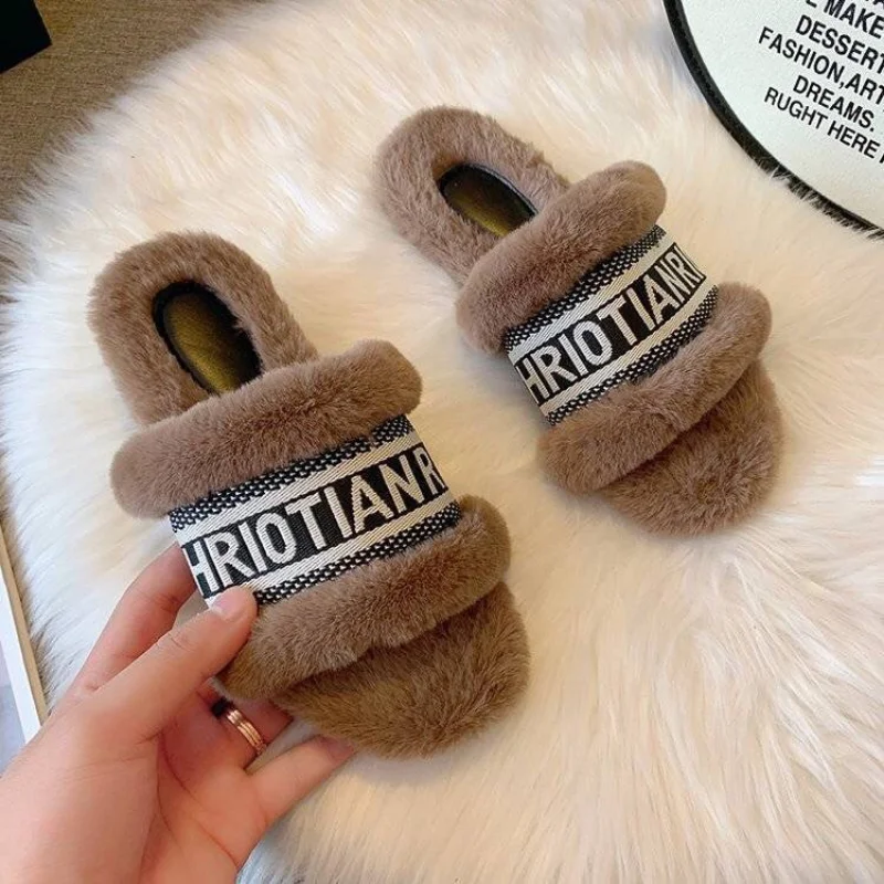 Удобные Плюшевые тапочки для женщин открытый носок плоская подошва пушистые