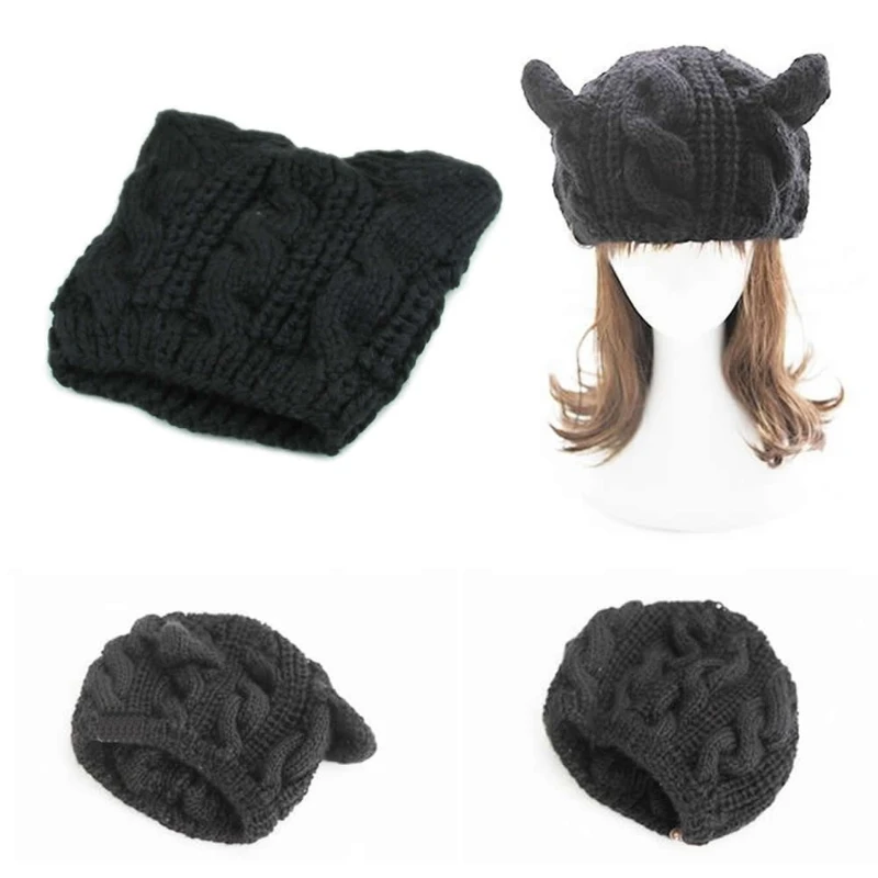 

Women Devil Horns Ear Winter Beanie Crochet Braided Knit Ski Wool Hat