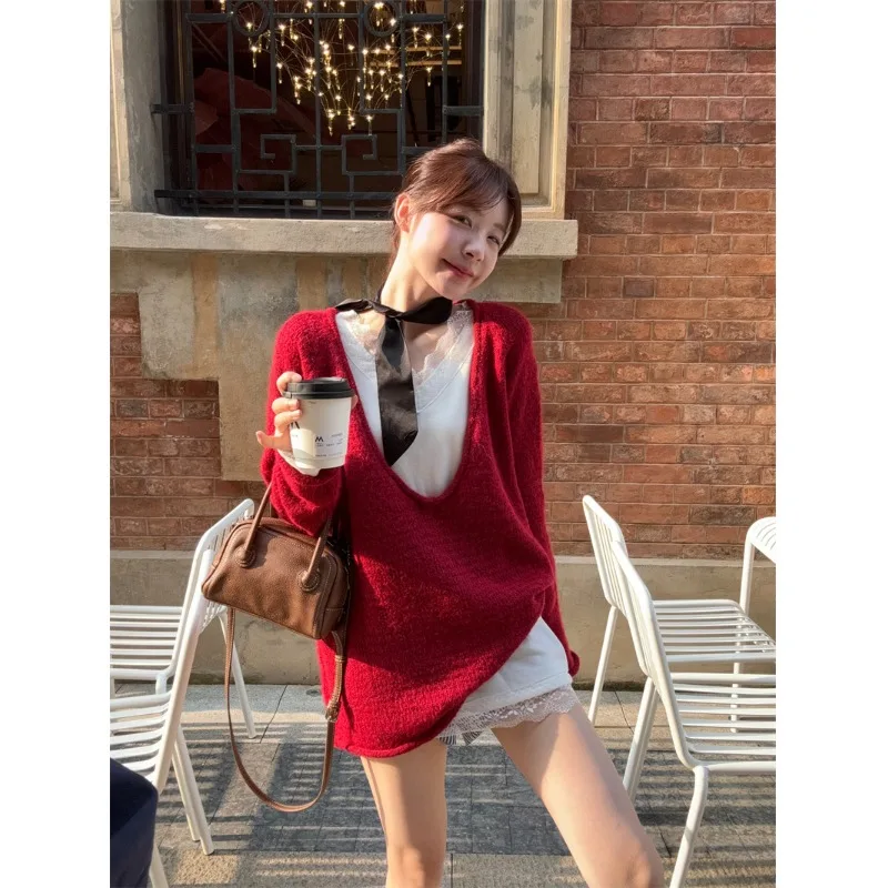 Ранняя осень новый французский свитер в стиле ретро ленивый светр ярких цветов с