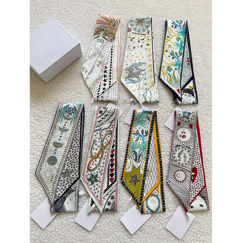 

18 Mommy Tarot brand twill double-sided printed silk scarf women's tied bag small ribbon mulberry silk long scarf headband