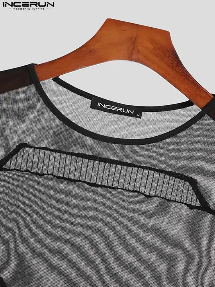 Comfortable Homewear Men's Onesies INCERUN 2022 See-through Mesh Fashion Sexy Male Stitching Sense Long-sleeved Jumpsuits S-5XL