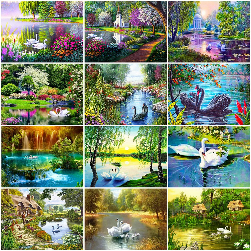 

Swan Diamond Painting Animals Full Round House Diamond Mosaic Tree DIY Cross Stitch Embroidery Lake Art Decor Handicraft Gift