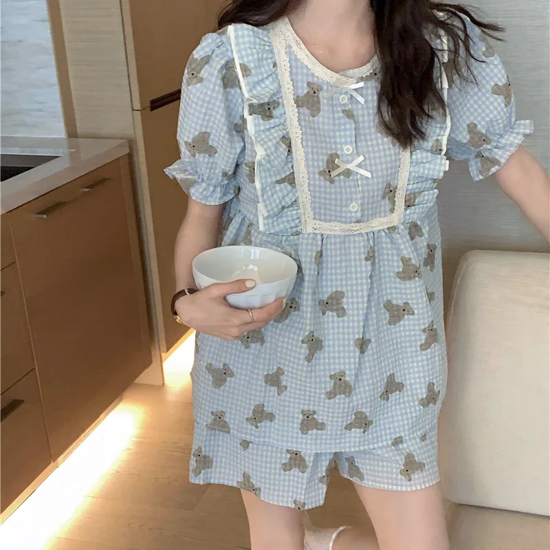 CAIYIER Cute Watermelon Girls Sleepwear Summer Short Sleeve Shorts Nightwear Korean Soft Kawaii Pijamas Set Women Lounge Wear