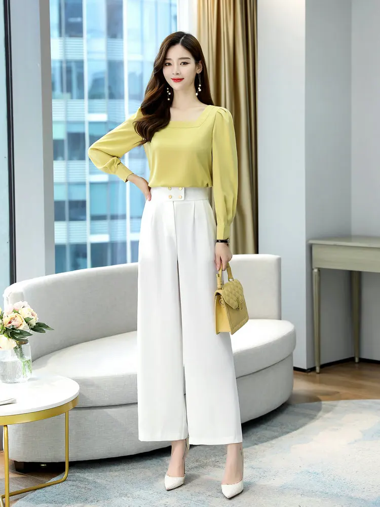 French Style Women Elegant Blouse And Wide Leg Pant 2PCS Suits Set Office Lady Yellow Green White Top And Trouser Twinset Outfit