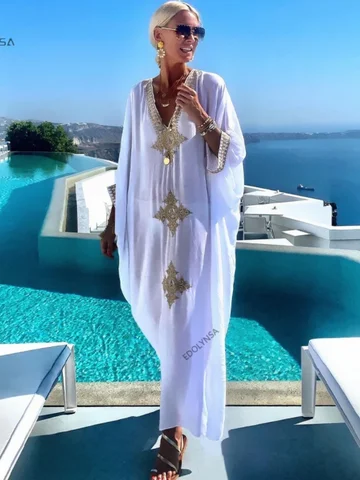 EDOLYNSA белый кафтан из вискозы с золотой вышивкой