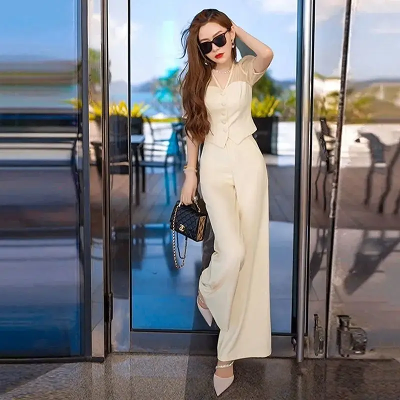 

Женский офисный костюм, модная Новинка лета 2023, женская блузка в Корейском стиле + широкие брюки с высокой талией, комплект из 2 предметов, V46