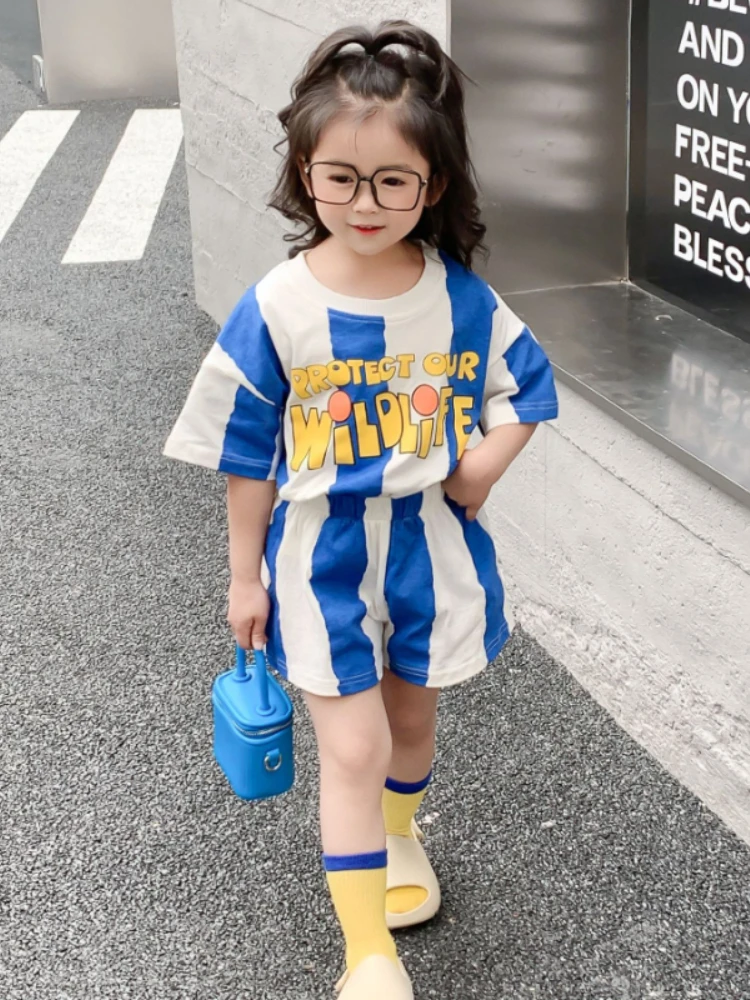 

HoneyCherry Summer new blue stripe print casual two-piece sets baby girl clothes girl summer T-shirt+short set