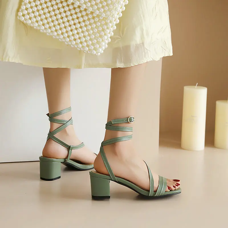 Women Gladiator Sandals Beach Dress Summer Shoes 2022 Plus Size 34-51 Chunky Mid Heel Lace Ankle Strap Pumps