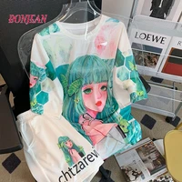 teenages anime sequins beading cartoon shirt set summer suit 2pcs kawaii clothes set loose thin tops and short trousers