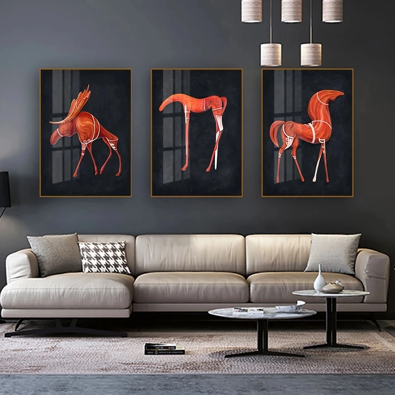 

Современный абстрактный постер с животными, черная, красная лошадь, олень, холст, живопись, Настенная картина, скандинавский Декор для гости...
