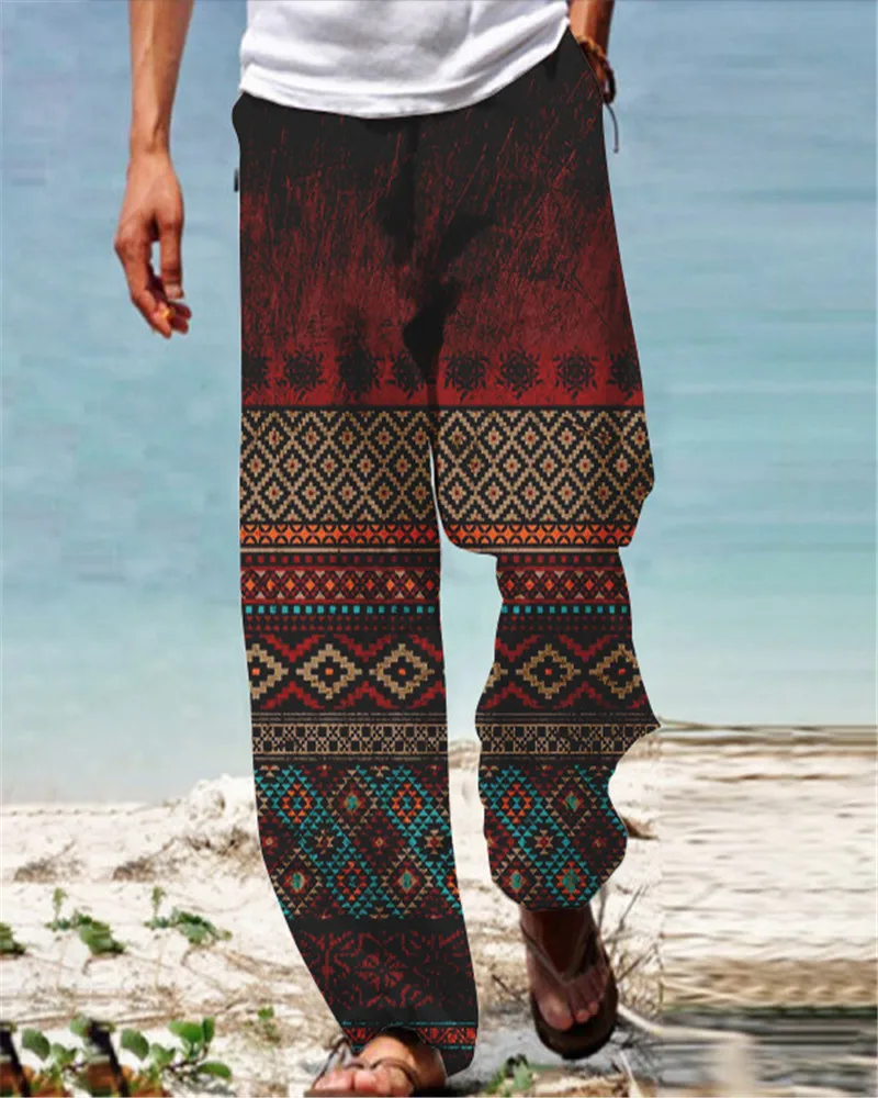 Spring Autumn Men's Fashion Straight Trousers Elastic Drawstring Design Front Pocket Pants Retro Graphic Printed  Comfort Soft