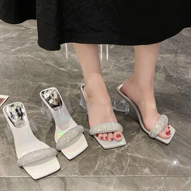 

Туфли женские прозрачные блестящие, квадратный каблук, квадратный каблук, мюли на среднем каблуке, квадратная обувь, лето 2022