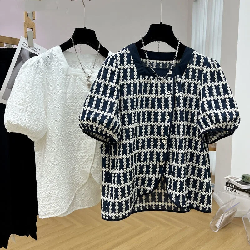 

Шикарная вышитая кукольная рубашка с вырезами, Корейская блузка с квадратным воротником и пышными рукавами, Повседневная однобортная блуза, Blusas Mujer