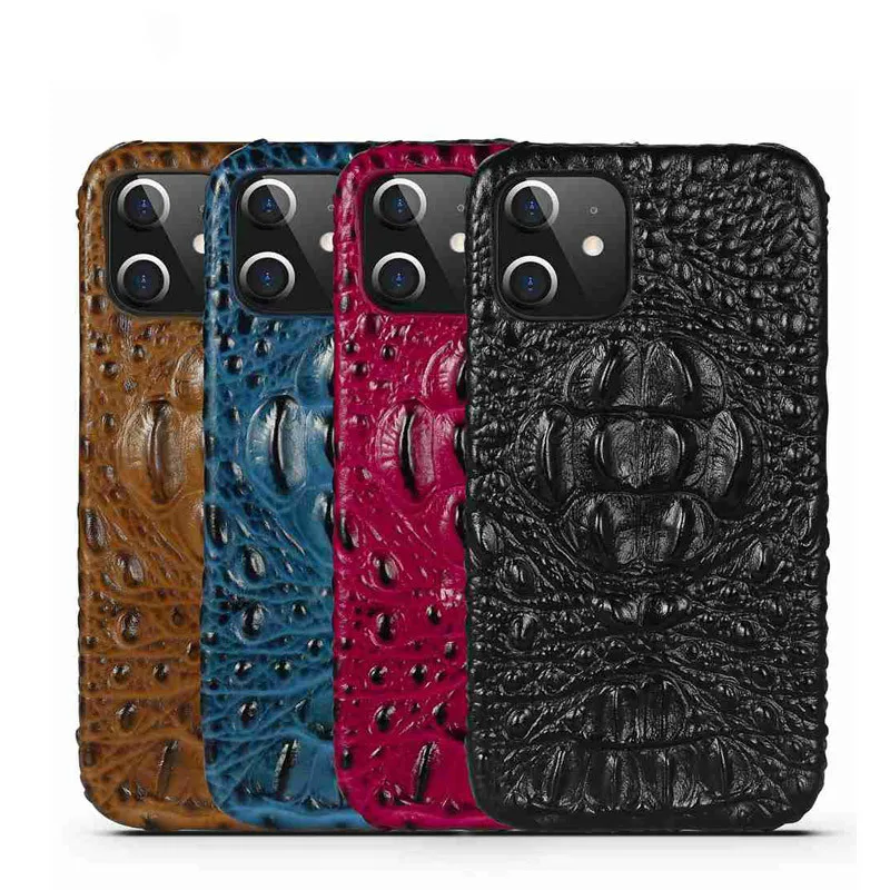 

Genuine Cowhide Leather Case For iPhone 14 Pro Max 13 12 Crocodile Skull Grain 3D Alligator Head Texture Hard Back Cover Funda