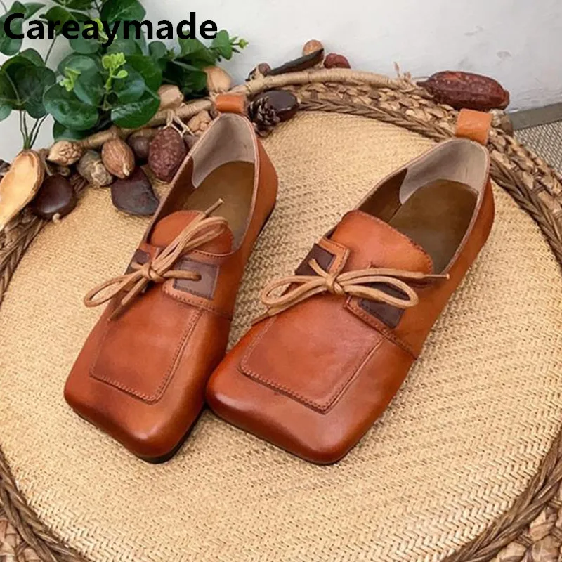 Careaymade-Handmade 100% Genuine leather women's shoes,Summer new square solid color retro Women leisure shoes slacker shoes