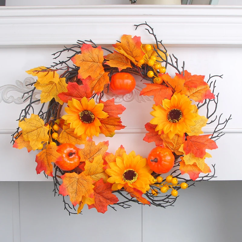 

Autumn Pumpkin Garland Maple Leaf Fall Wreath Halloween Wall Hanging Artificial Rattan Flower Farmhouse Decor Home Decoration