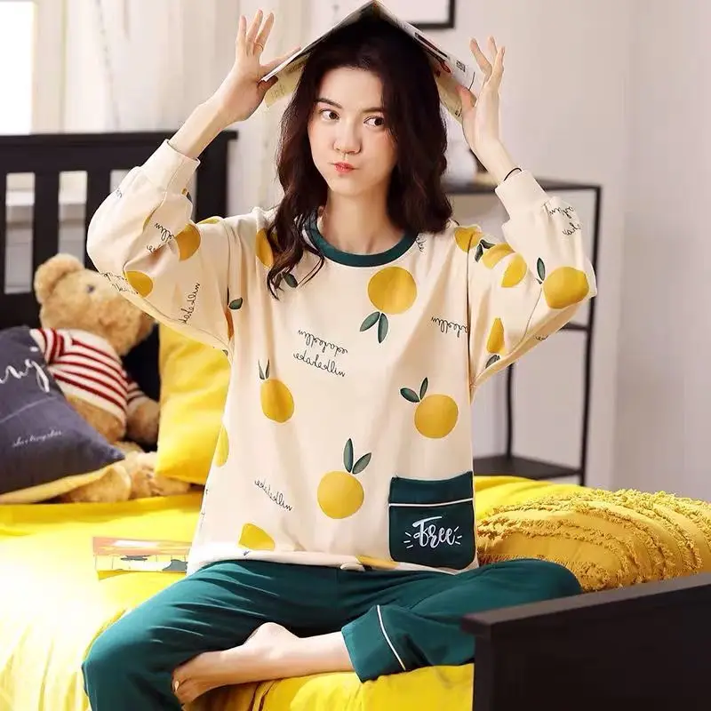 100% Cotton Pajama Set Women's Spring Autumn Casual Cartoon Pijama 2 Piece Korean Elegant Nightie Loose Sleepwear Homewear Suit