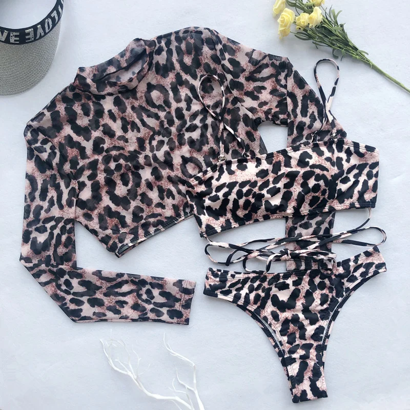 

Long Sleeve 3 Piece Swisuit High Cut Leopard Cover Up Push Up Bikini Separate Sports Bandage Bathing Suit Thong Swiwear