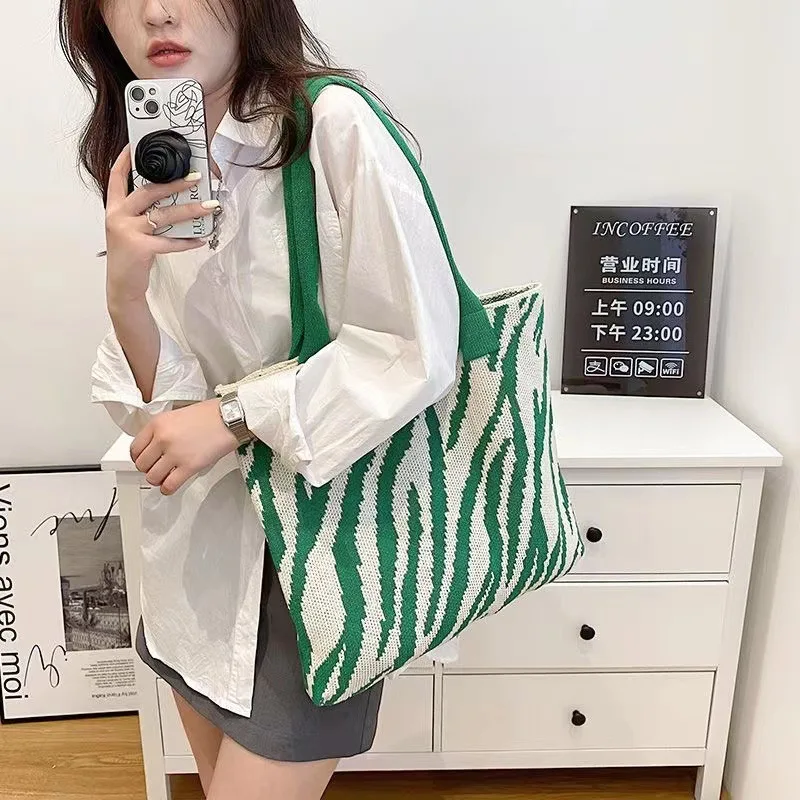 The New 2023 Knitting Bag Fashion One Shoulder Bag Striped Bag Large Capacity Tote Bags Handbag Restoring Ancient Ways Purses