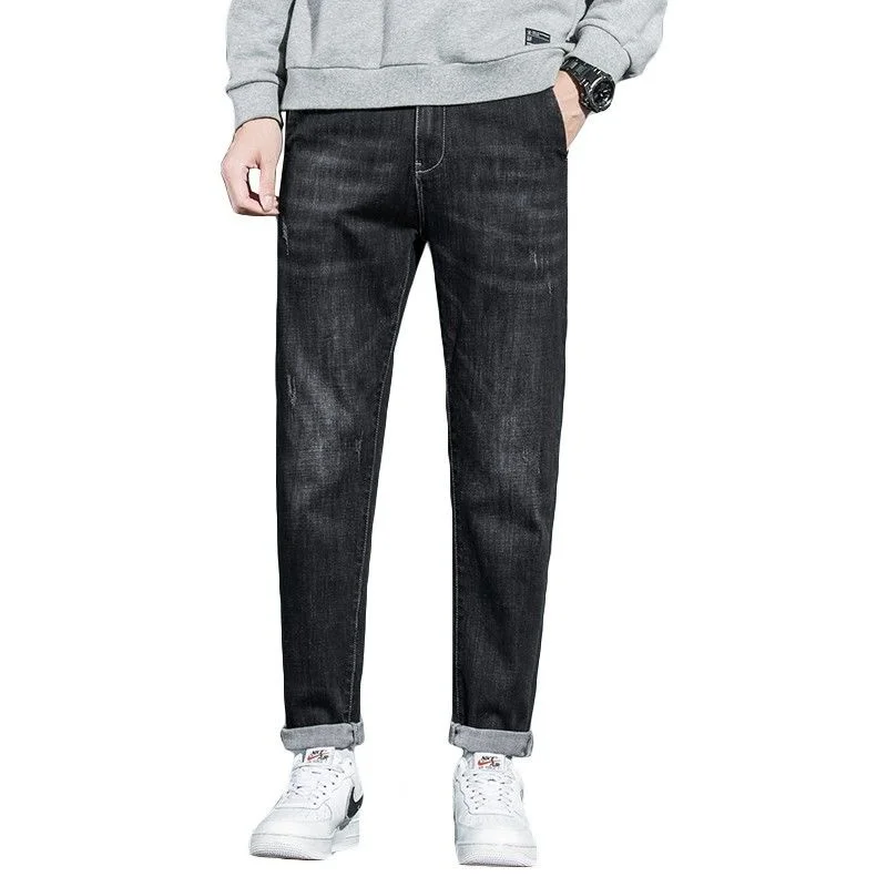 2022 pants men's jeans four seasons slim fit small straight elastic spring new style Fashion Dark blue Zipper loose