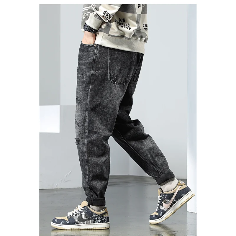 Streetwear Men Fashion New Pattern Recreational Black Haren Pants Hole Straight Cylinder Comfortable Loose Jeans Autumn Female