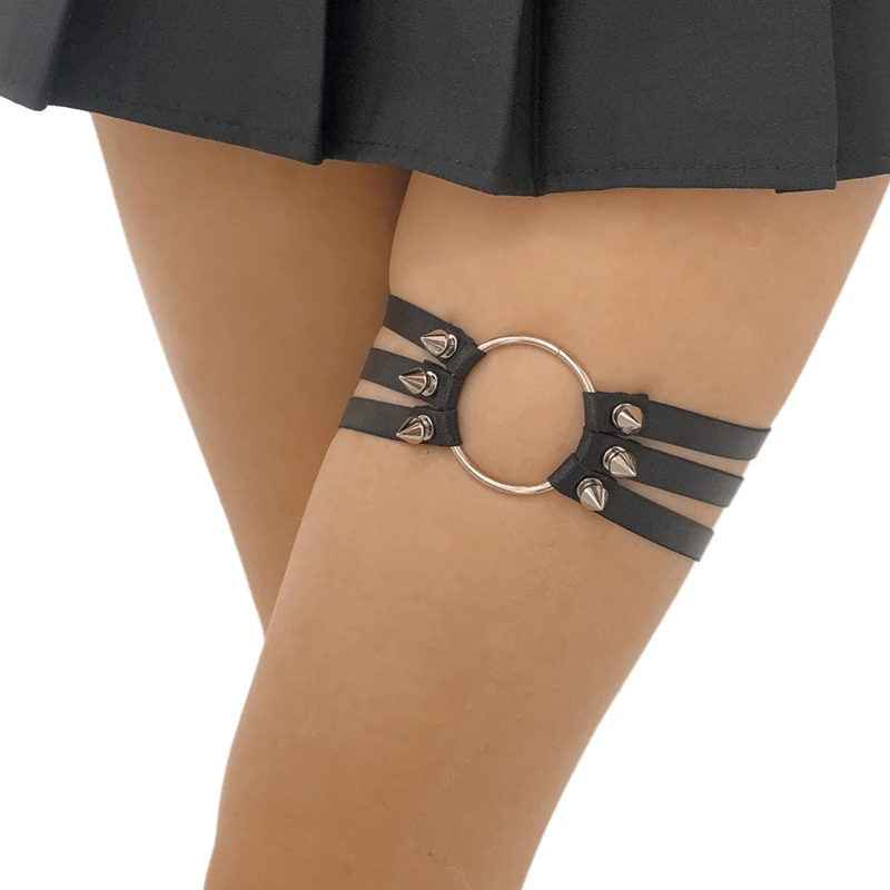 

Women Hip Hop Gothic Punk Leg Harness with O-Ring Metal Spiked Studded Elastic Garter Belt Harajuku Cosplay Anti-Slip Layered