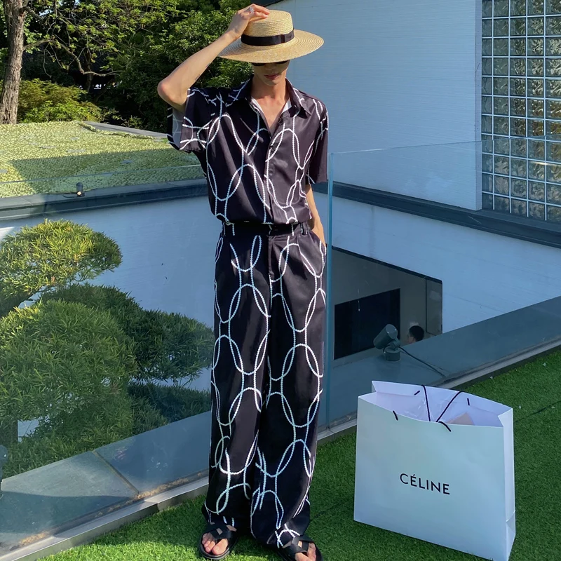 

Japanese Retro Trend Striped Printed Silk Hawaiian Men's Sets Short Sleeve Women's Shirt Summer Loose Black Long Pants