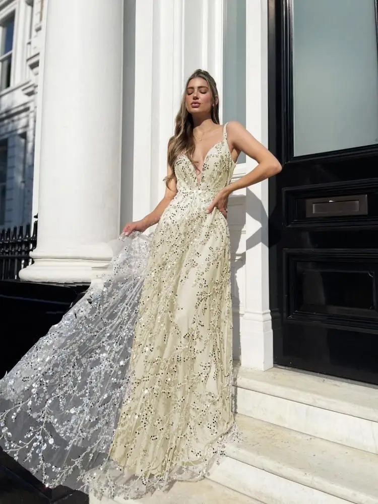 

Dress for Women 2023 Deep V Neck Summer Fashion Champagne Banquet Wedding Guest Gown Sequined Sexy High Waist Robe Femme Soire
