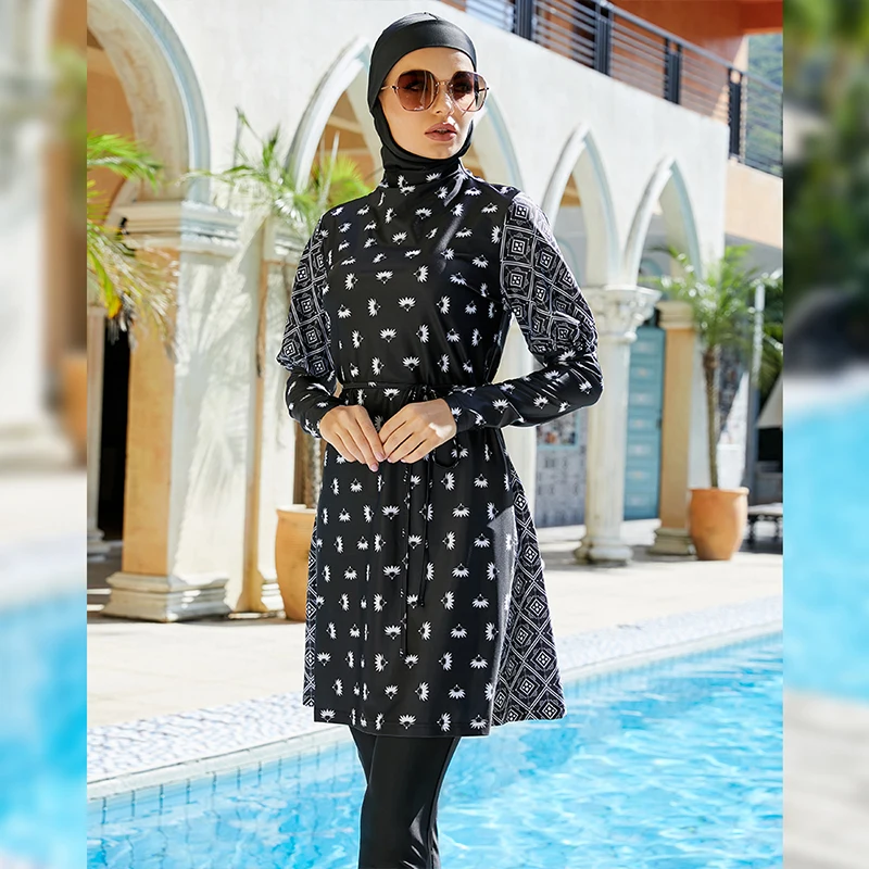 

Long Sleeves Sport Swimsuit Burkinis Wear Bathing Suit 3pcs Muslim Arab Islamic bikini print conservative Swimwear Women