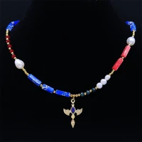 colorful natural stone bead cross choker necklaces stainless steel pendant pearl necklace fashion jewelry boho accessories na28s